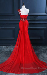 Trumpet Mermaid One Shoulder Chiffon Appliques Lace Beading Red Long Semi Formal Prom Dress
